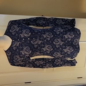 Chaps Denim navy blue  white paisley 1/4 button long sleeve ribbed top Med EUC…
